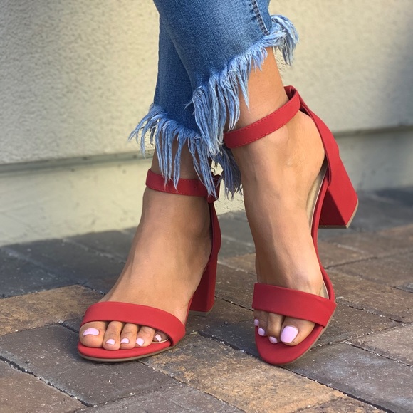 Valentine Red Kitten Heel Ankle Strap Sandals - Picture 2 of 7